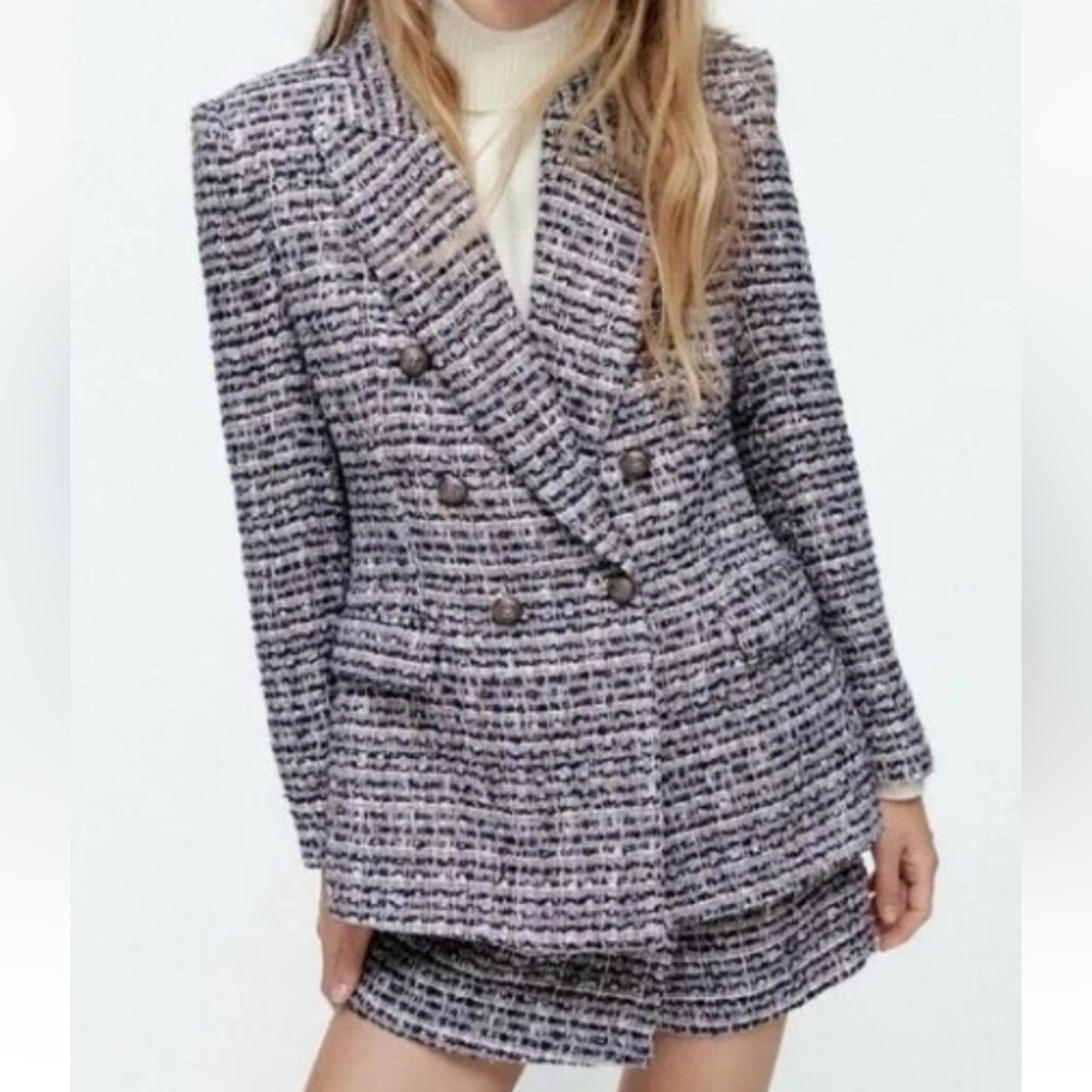 Zara Double Breasted Tweed Weave Textured Blazer Jacket Blue/Beige NEW